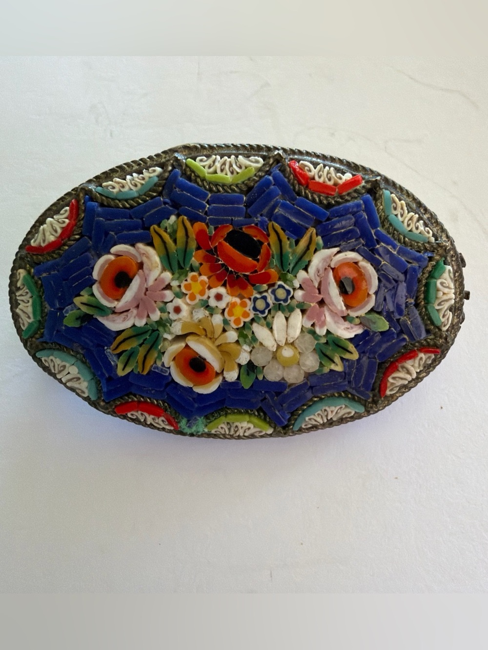Vintage Italian micromosaic floral pin oval brooch.  Made in Italy